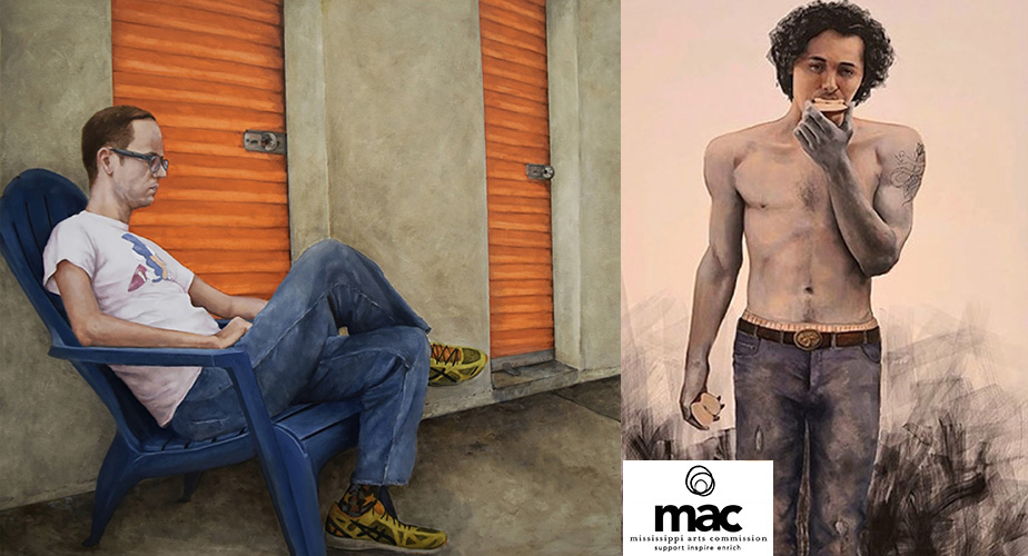 two paintings of men, one in a chair, the other eating an apple