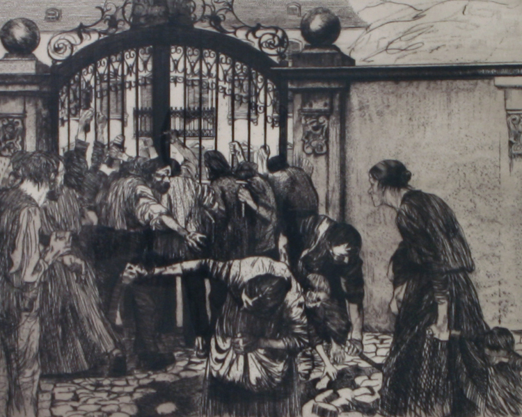 sketch of people surrounding a gate