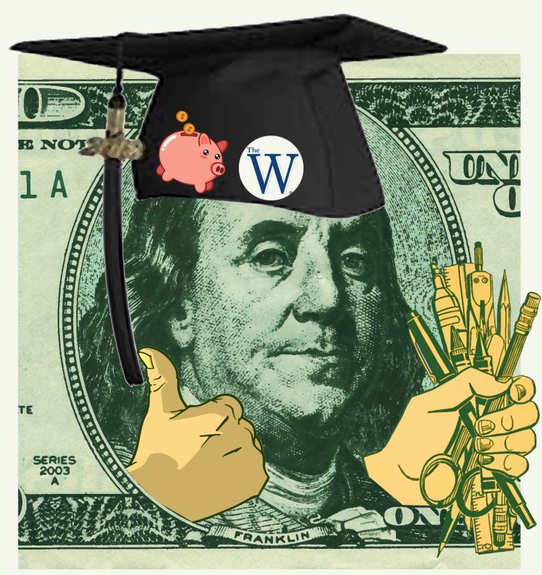 A graphic design of Benjamin Franklin in a mortar board giving a thumbs up.