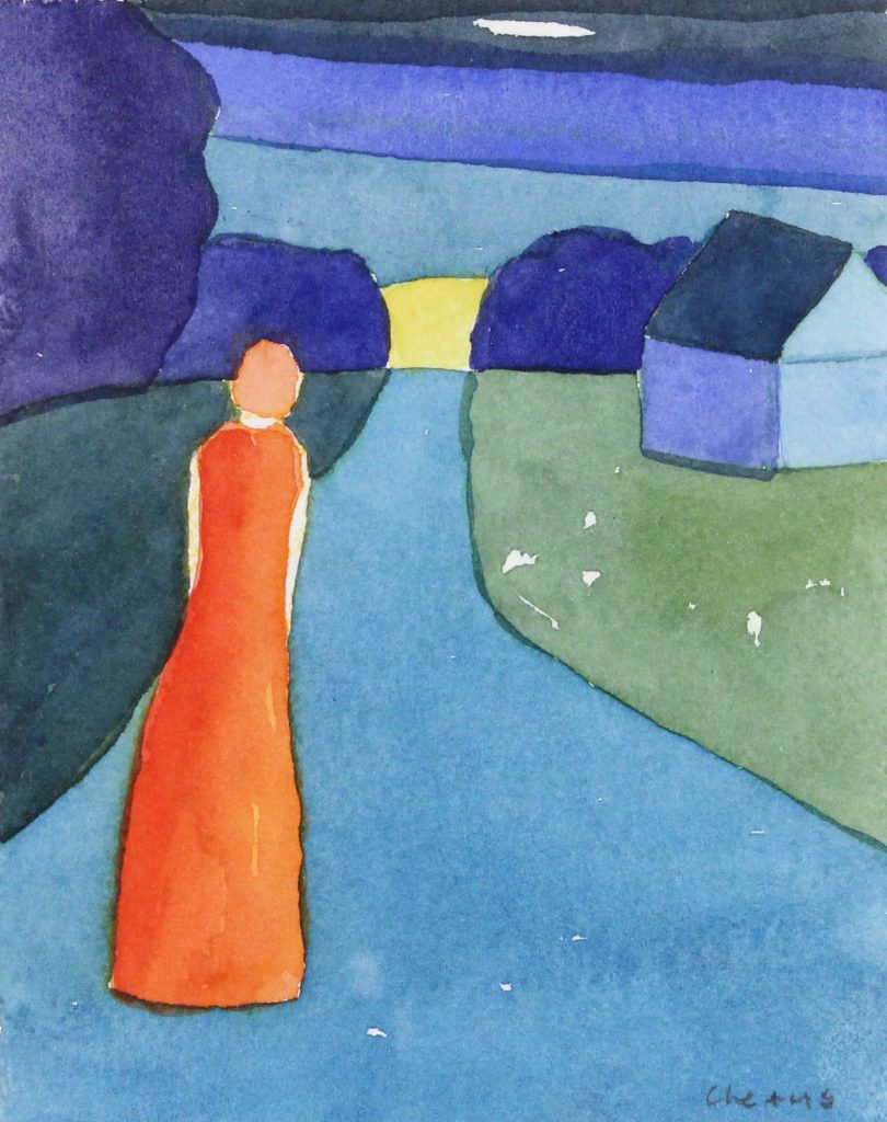 abstract painting of a woman in a red dress on a road