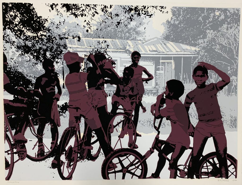 Illustration of children on bicycles by Jessie Whitehead