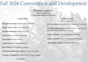Convocation Dr. Jianwen Crump: Faculty Senate Welcome Jordan Taylor: Staff Council Welcome Dr. Kim Whitehead: Academic Affairs Carla Lowery: Facilities and Budget Jess Harpole: Student Affairs Anika Perkins: University Relations Elise Wilson: Development & Alumni Interim President Scott Tollison: University Update Courtney Youngblood: Faculty/Staff Giving Campaign Updates Panel after a short break Dr. Clear Moore, Director of the Student Success Center Dr. Malia Schimminger, Director of the Career Services and Professional Development Center Christina Chunn, Title IX Campus Coordinator Rodney Godfrey, Director of Systems & Networks Chief Randy Vibrock, University Police Chief Door Prizes 