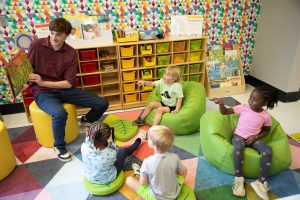 Early childhood students being read aloud to in class