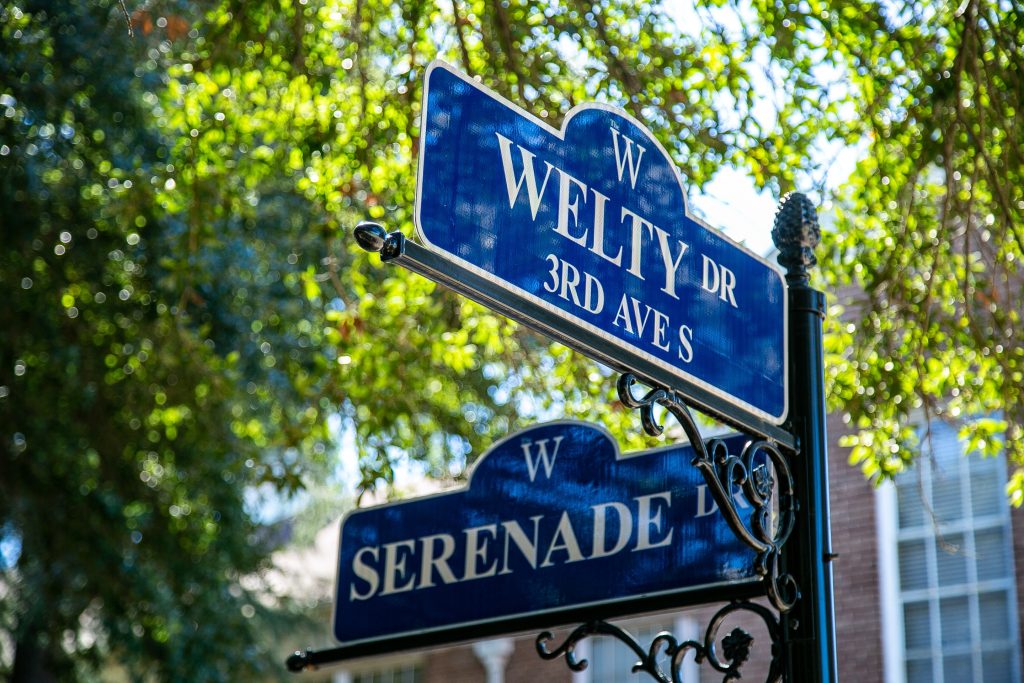 W Street sign at the intersection of Welty Drive and Serenade Drive