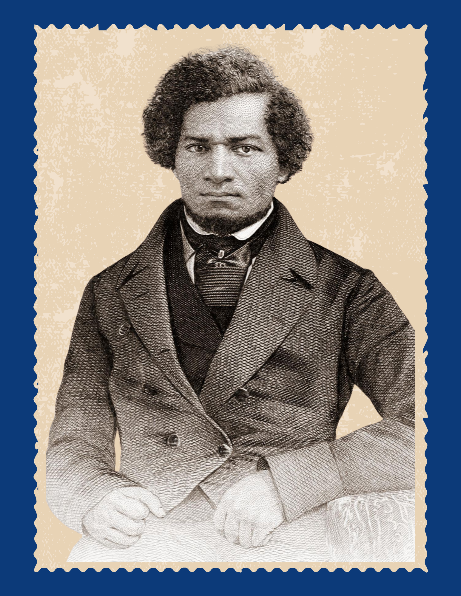 Black and white drawing of Frederick Douglass in mid-life. He wears a double-breasted blazer with a large, open collar. Underneath is a black vest and wide tide nearly covering a white collared shirt. His left arm rests on the arm of a covered chair. His right fist is clenched and resting on his thigh.
