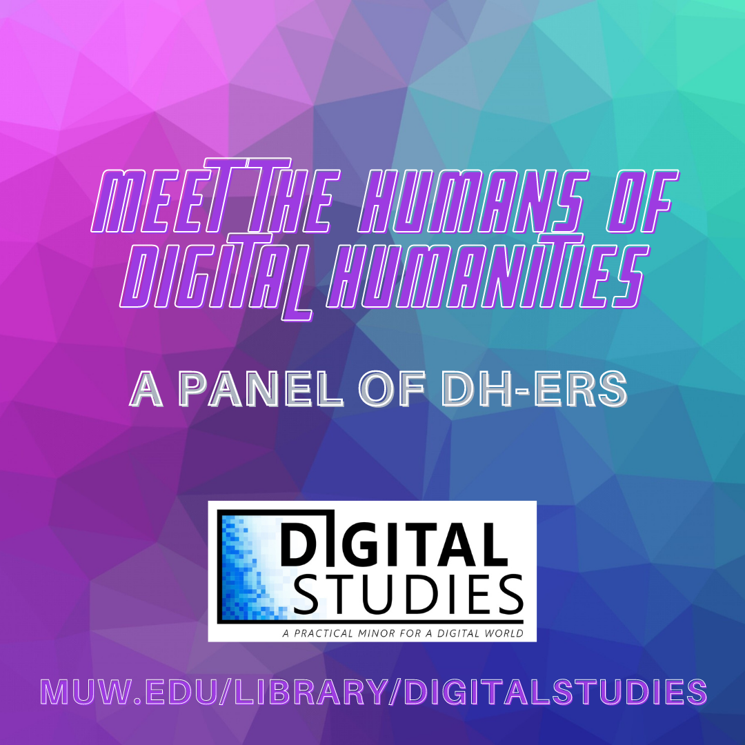 pink, purple, and blue geometric flyer that reads "Meet the Humans of Digital Humanities"