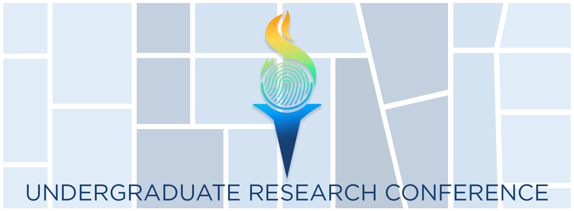 conference logo with a multi-colored fingerprint inside a torch with a greyish blue window-pane background