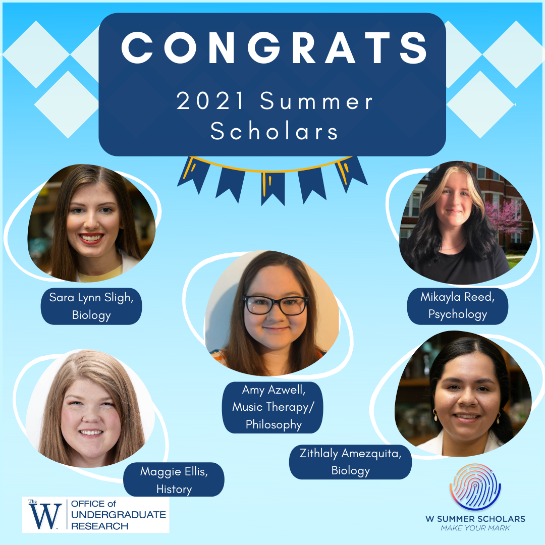images of the 5 2021 Summer Scholars in a blue congrats graphic