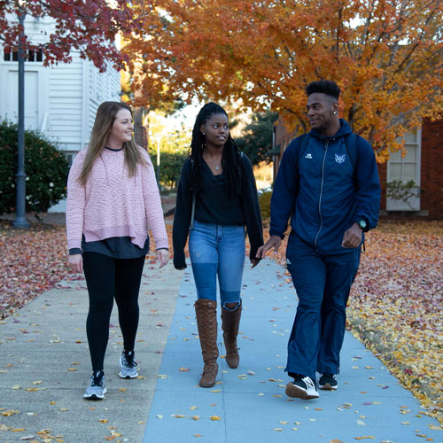 Three students walking on a sidewalk through campus in the fall.