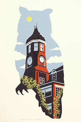 art print - silhouette of an owl with clocktower