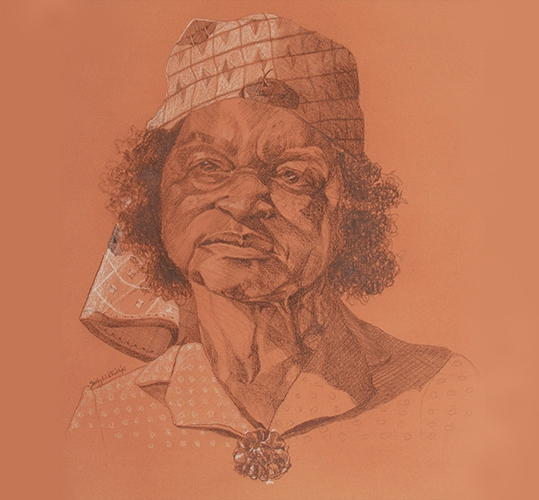 sketch of an older black woman with a scarf over her hair