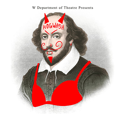 vandalized image of Shakespeare with devil horns, a bra, and the word HOGWASH