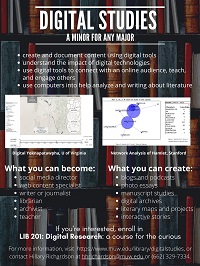 Flyer showing what English majors could do in Digital Studies, and shows graphics from the Digital Yoknapatawpha project and a network analysis