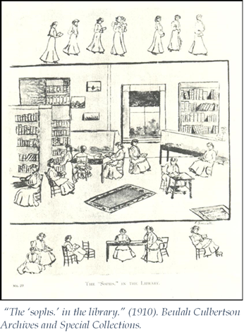 illustration of sophomores in the library circa 1910