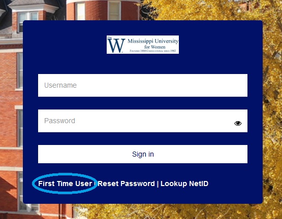 Screenshot showing First Time User below login prompt on WConnect