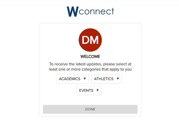 Screenshot showing interests prompt on WConnect