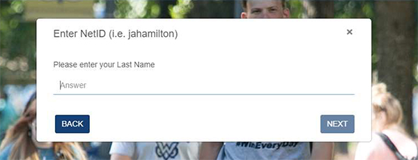 Screenshot of prompt to enter Last Name in WConnect