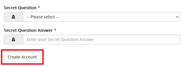 screenshot of security question prompt and create account button