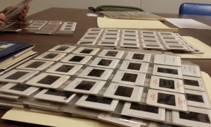 Photo slides spread out on a table