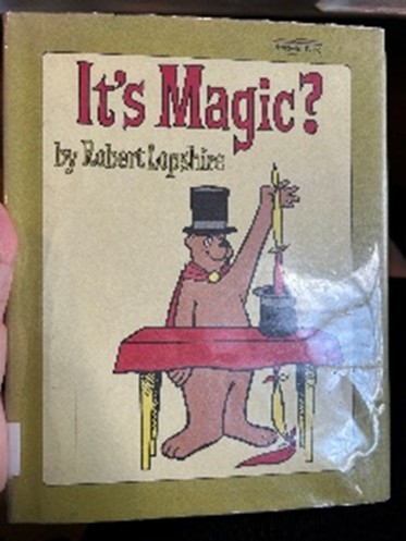 cartoon bear wearing a top hat, pulling scarves out of a hat