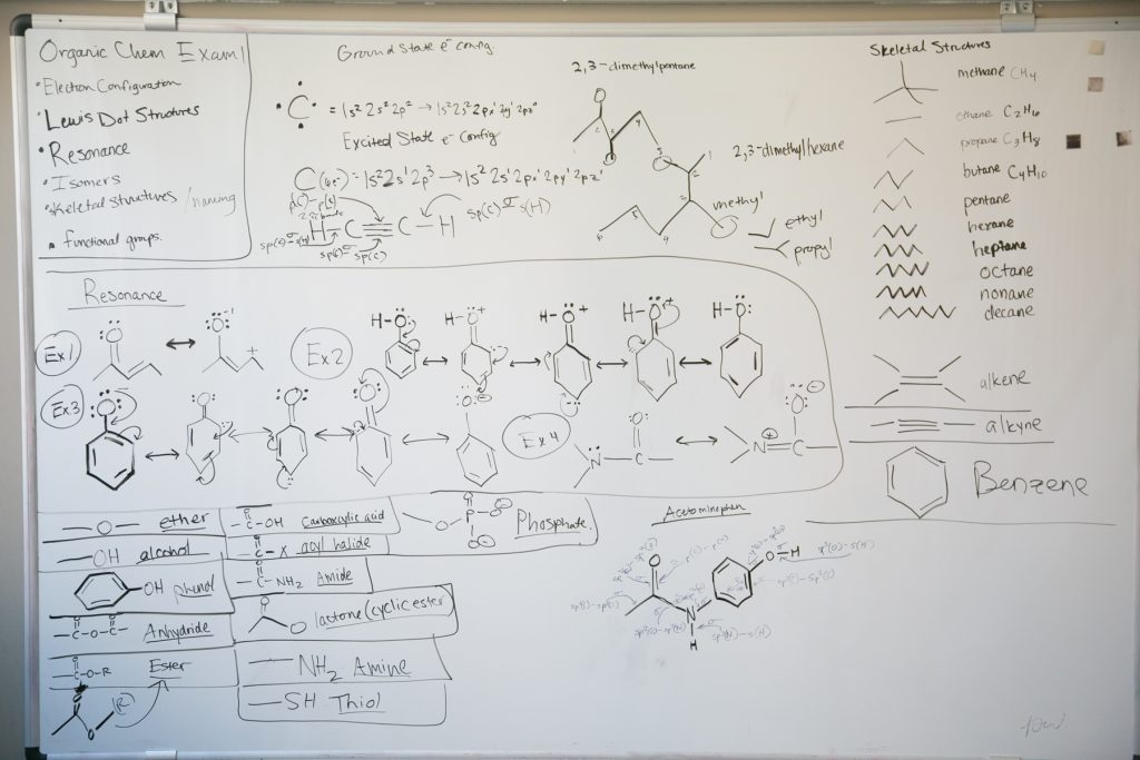 Chemical diagrams on a whiteboard