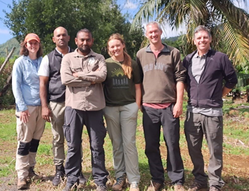 The research team in Mauritius, including MUW undergraduate Maddie Guerin and Assistant Professor of Biology Travis Hagey.
