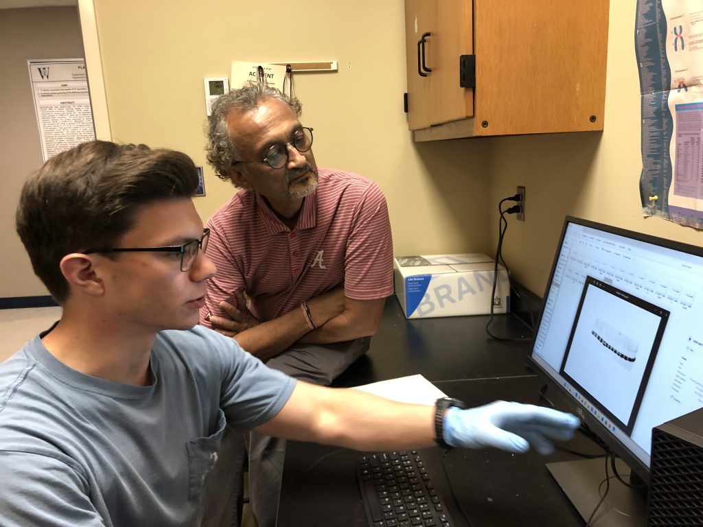 Ethan Wilkins examining data with Dr. Heda.