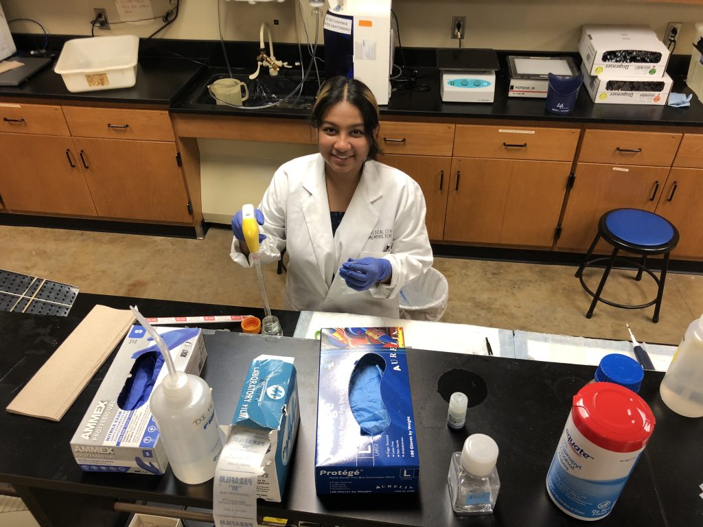 A student in Dr. Heda's lab working with supplies bought with grant money.