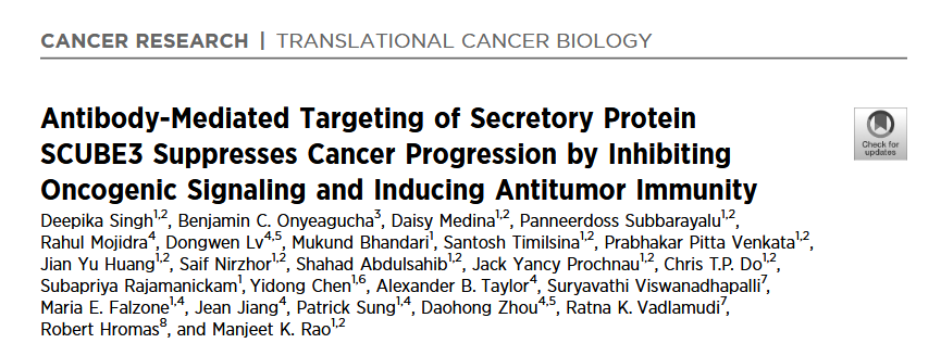 A screengrab of the title and authors of Dr. Onyeagucha's Cancer Research paper.