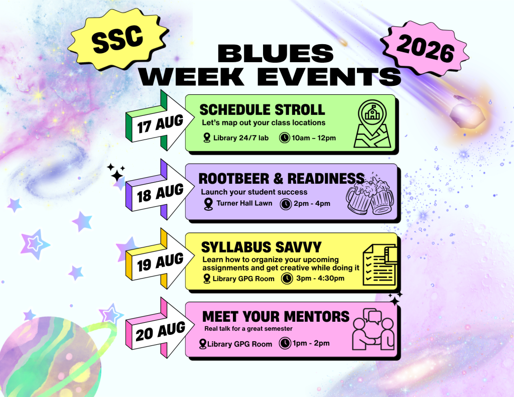 Aug. 17 - Schedule Stroll: 24/7 lab in the library 10:00am-12:00pm Aug. 18 Root beer and readiness: Launch your student success: Turner Hall Lawn 2:00pm-4:00pm Aug. 19 Syllabus Savvy: Library GPG 3:00pm-4:30pm Aug. 20 Meet your mentors: Real Talk for a Great Semester: Library GPG 1:00pm-2:00pm