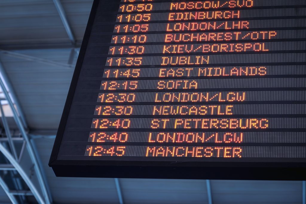 departures board in an international airport