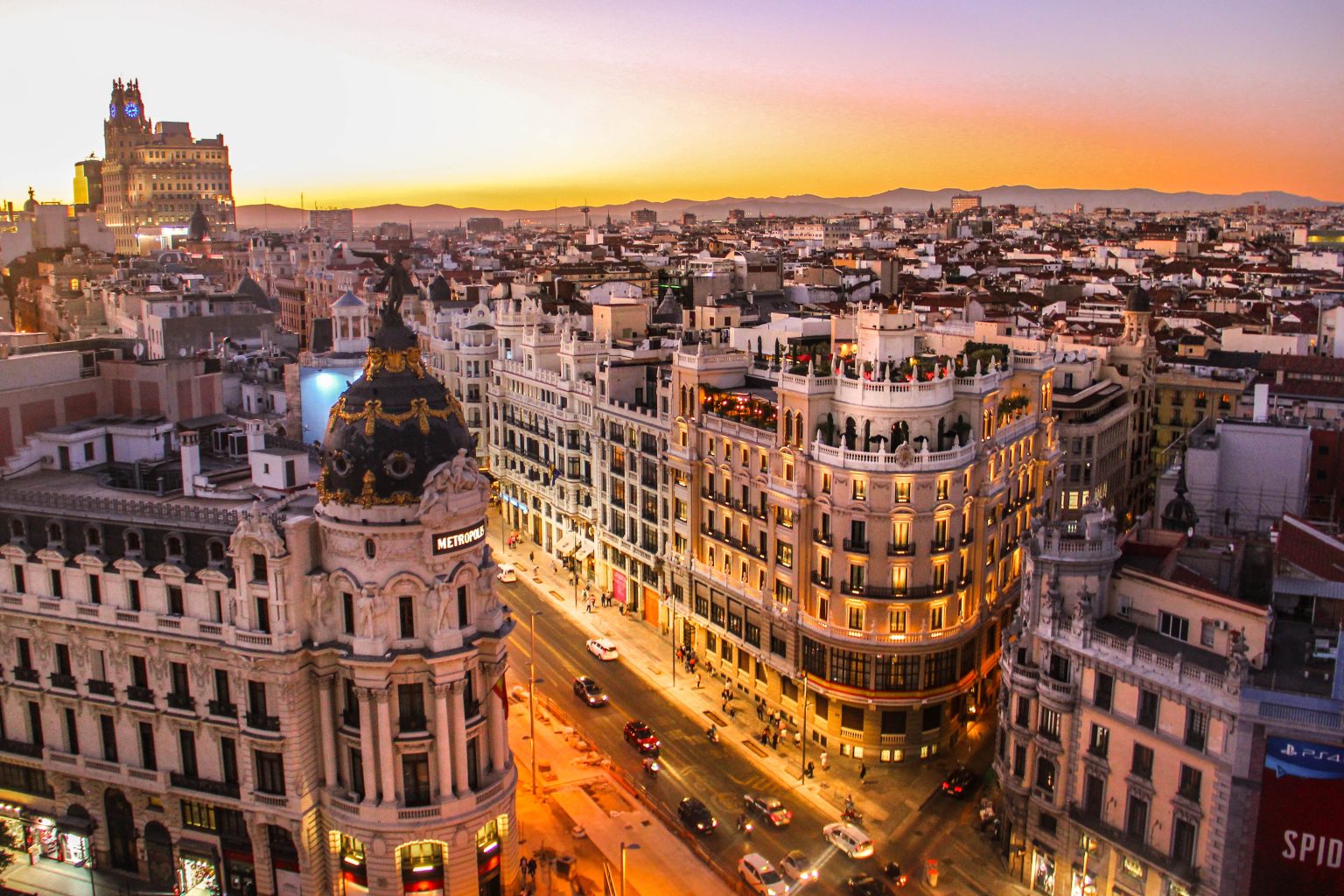 Sunset view of Gran Via in Madrid, Spain