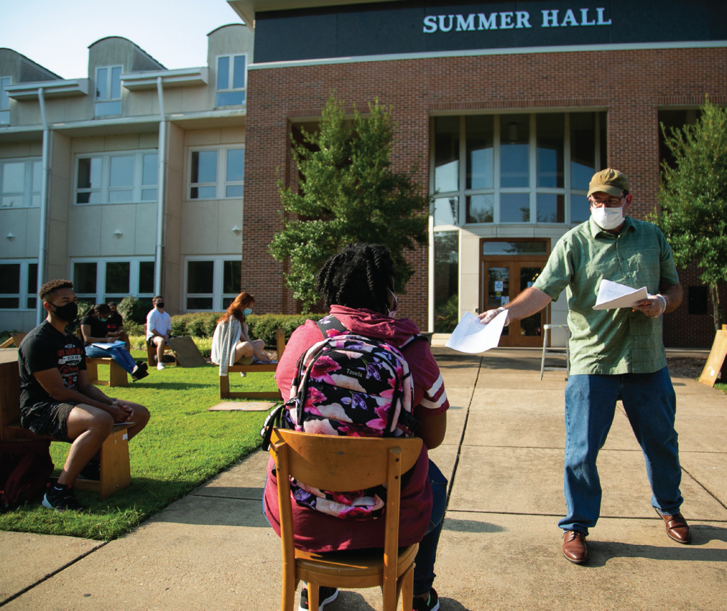 People social distancing outside Summer Hall