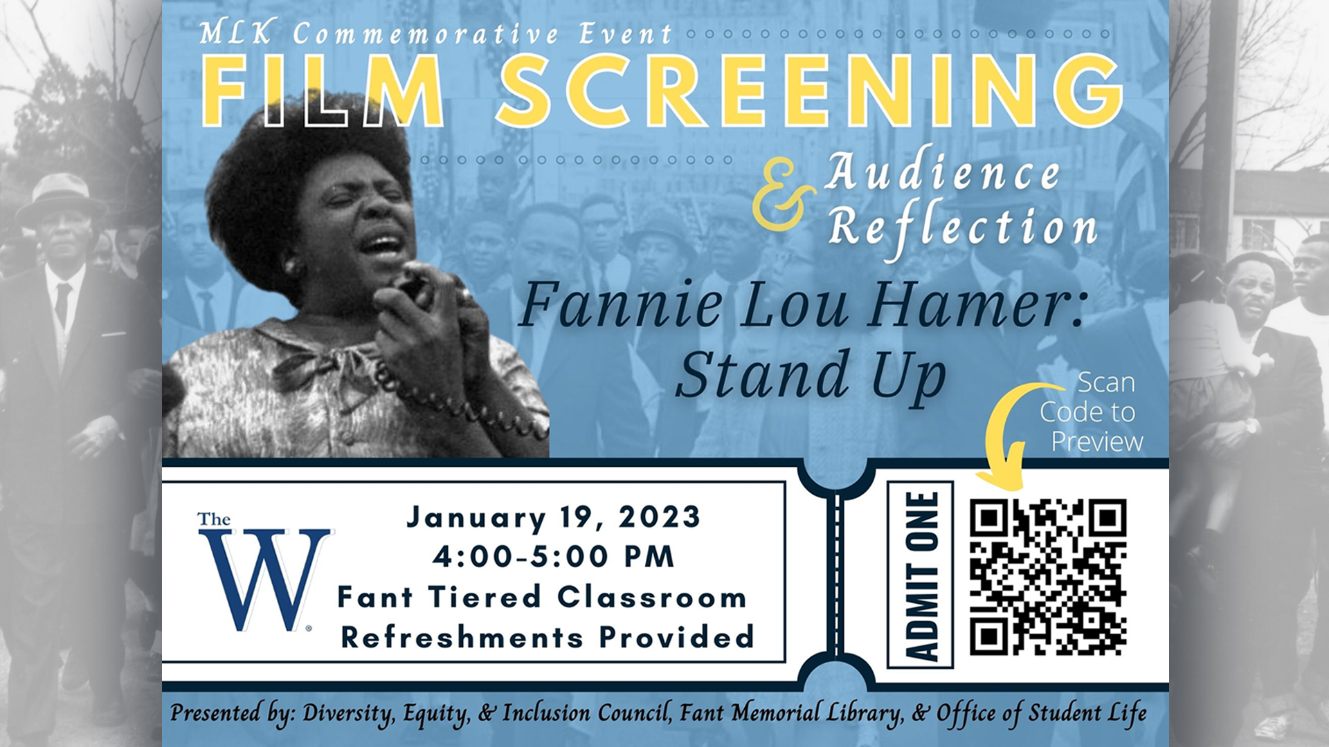 Film: Fannie Lou Hamer: Stand Up January 19 at 4pm Fant Tiered Classroom