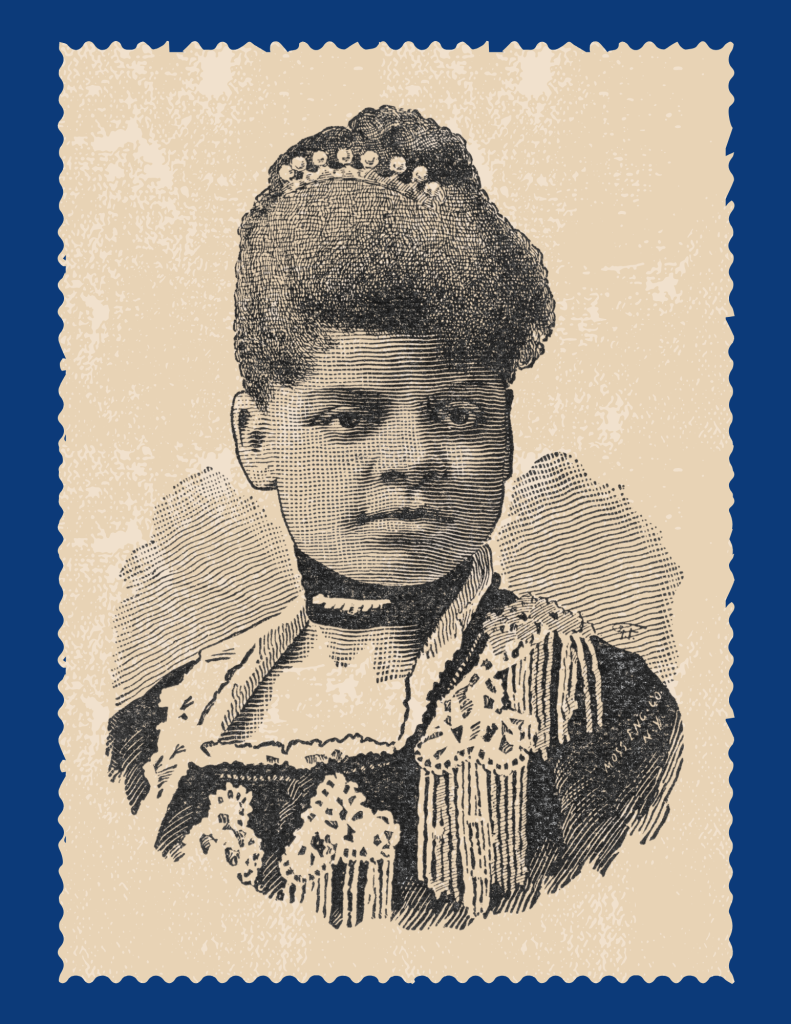 A black and white sketched portrait of Ida B. Wells is framed as a stamp.