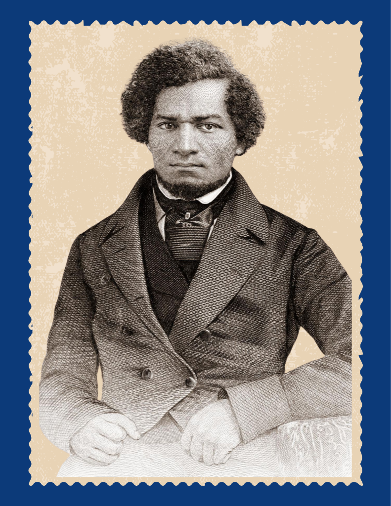 Black and white drawing of Frederick Douglass in mid-life. He wears a double-breasted blazer with a large, open collar. Underneath is a black vest and wide tide nearly covering a white collared shirt. His left arm rests on the arm of a covered chair. His right fist is clenched and resting on his thigh.