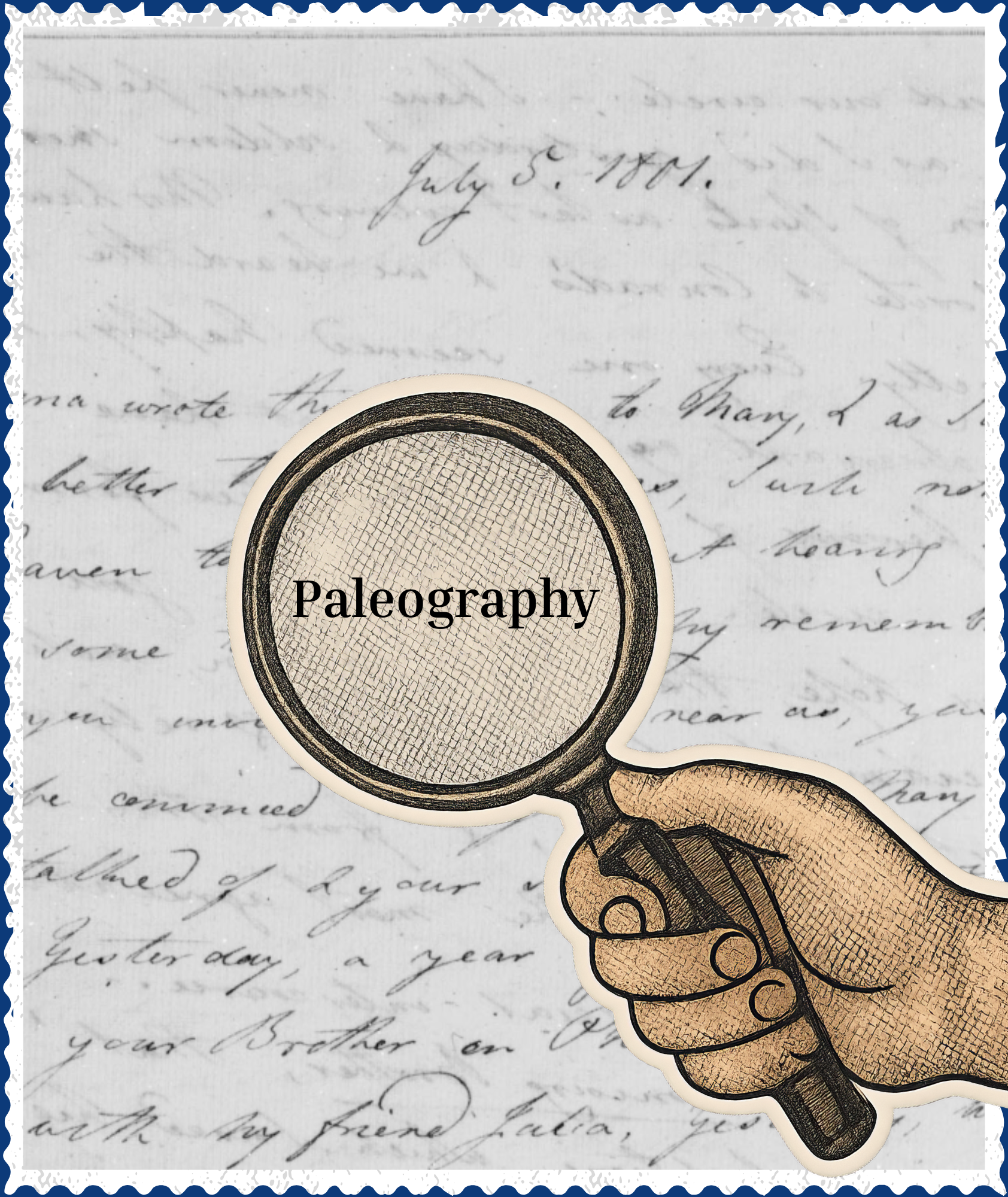A cartoon hand holding a magnifying glass hovers over a handwritten letter dated July 1, 1801.
