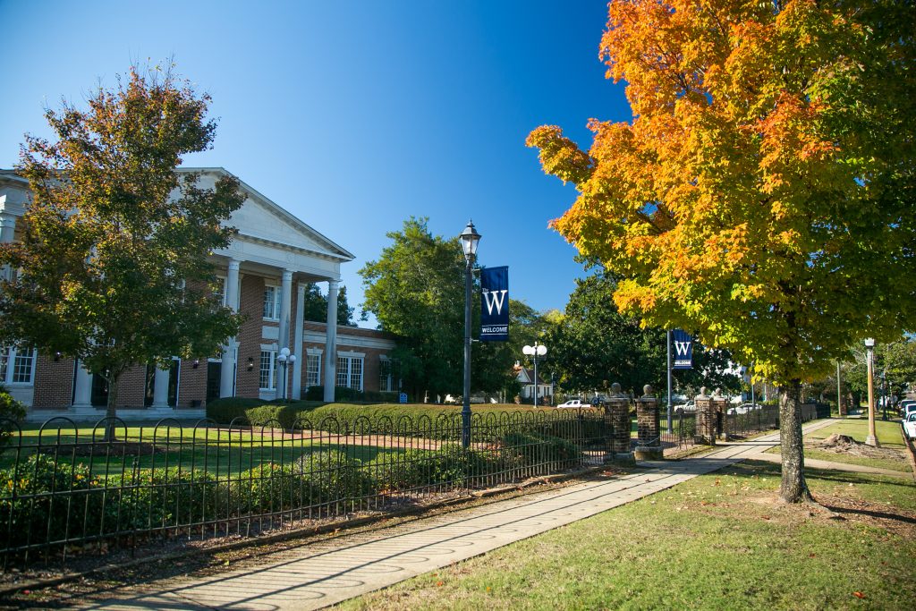 Fall campus with banner